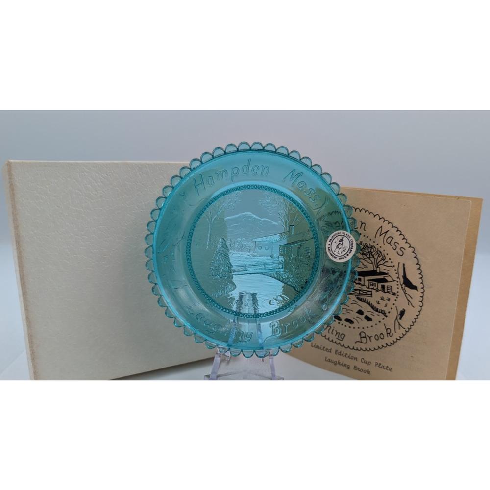 Laughing Brook Hamden Mass. Teal Glass Pairpoint Cup Plate Decor LE Vintage